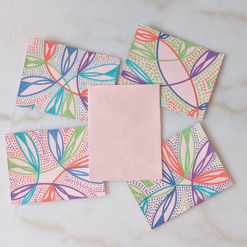 Set of 4 Original Hand-Drawn Greeting Cards – Bright Botanical Abstract in Coral